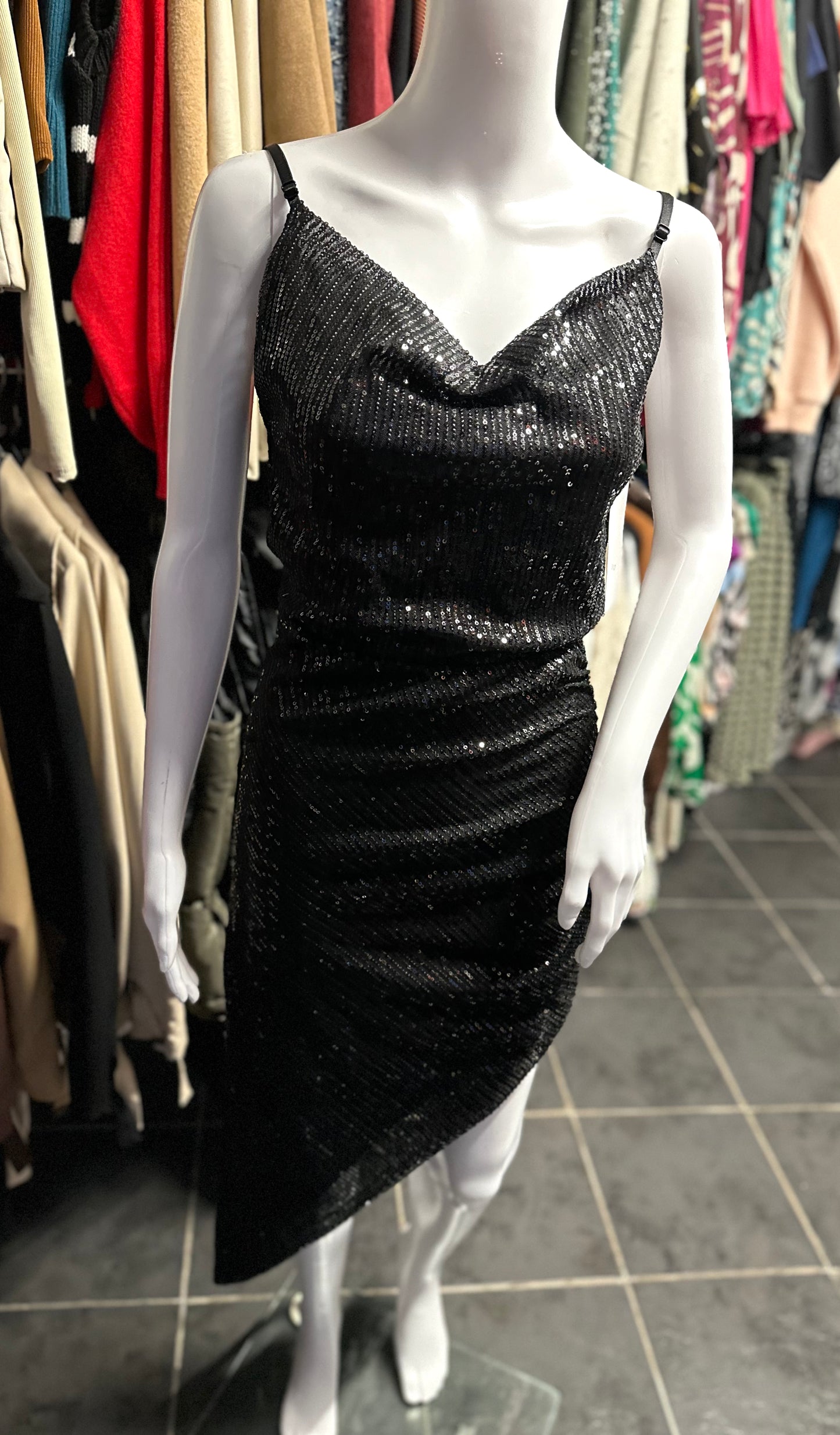 Black asymmetric hem sequin dress