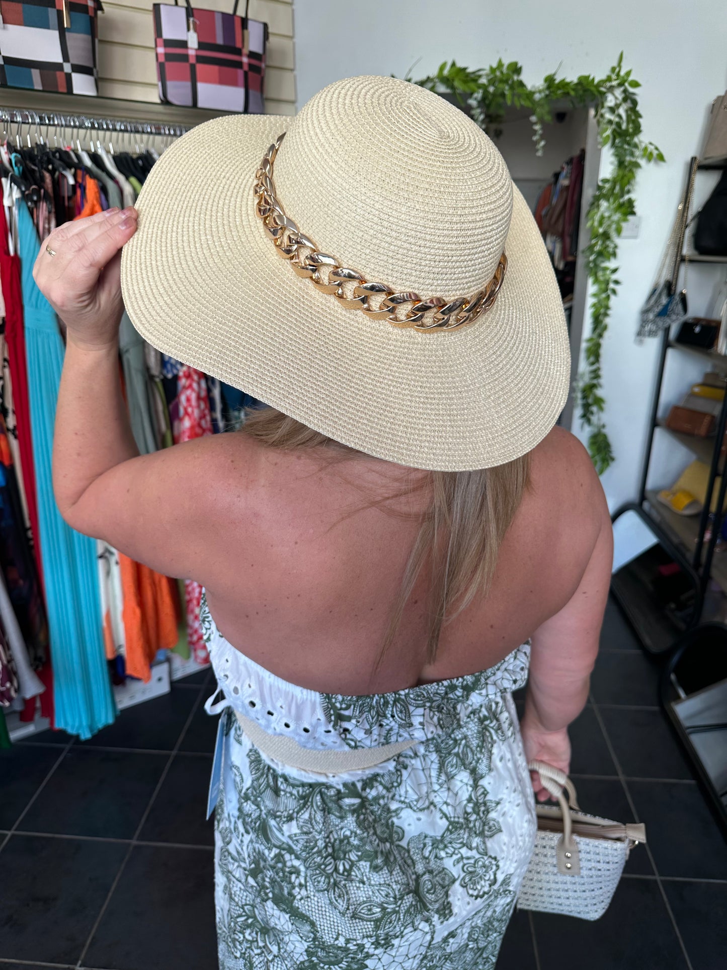 Beige & gold chain detail beach hat