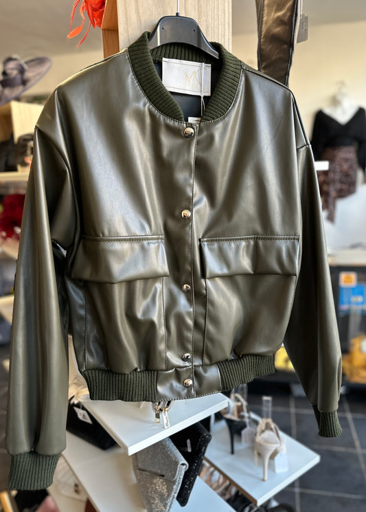 Khaki green faux leather short length bomber jacket