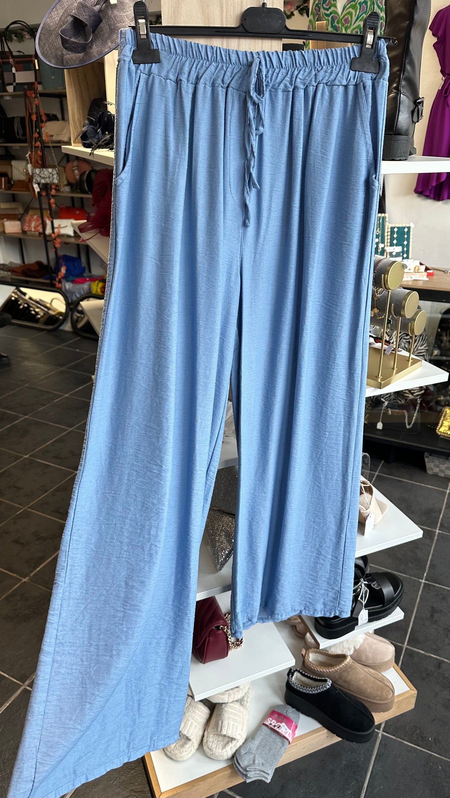 Light blue wide leg drawstring trousers