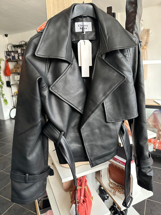 Black faux leather belted jacket