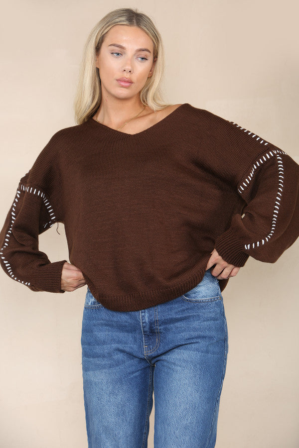 Brown contrast stitching jumper