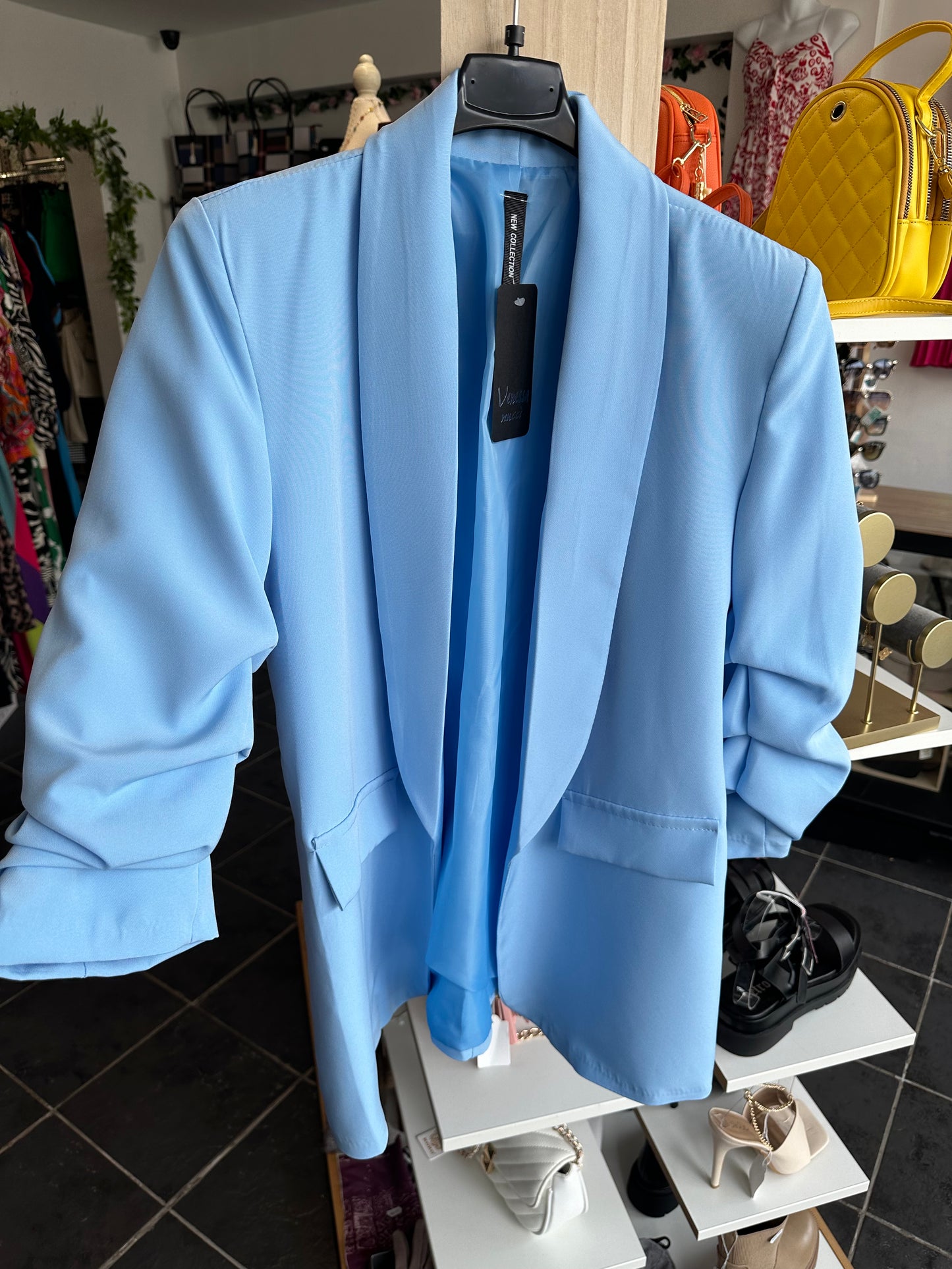 Ruched sleeve open blazer - sky blue