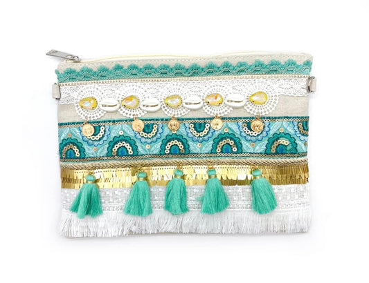 Turquoise shell and tassel detail clutch bag