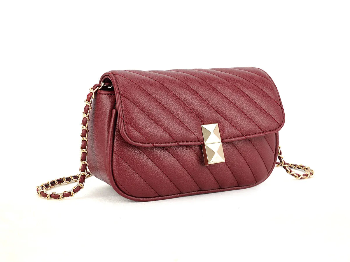 Diagonal quilted & gold detail crossbody bag - burgundy