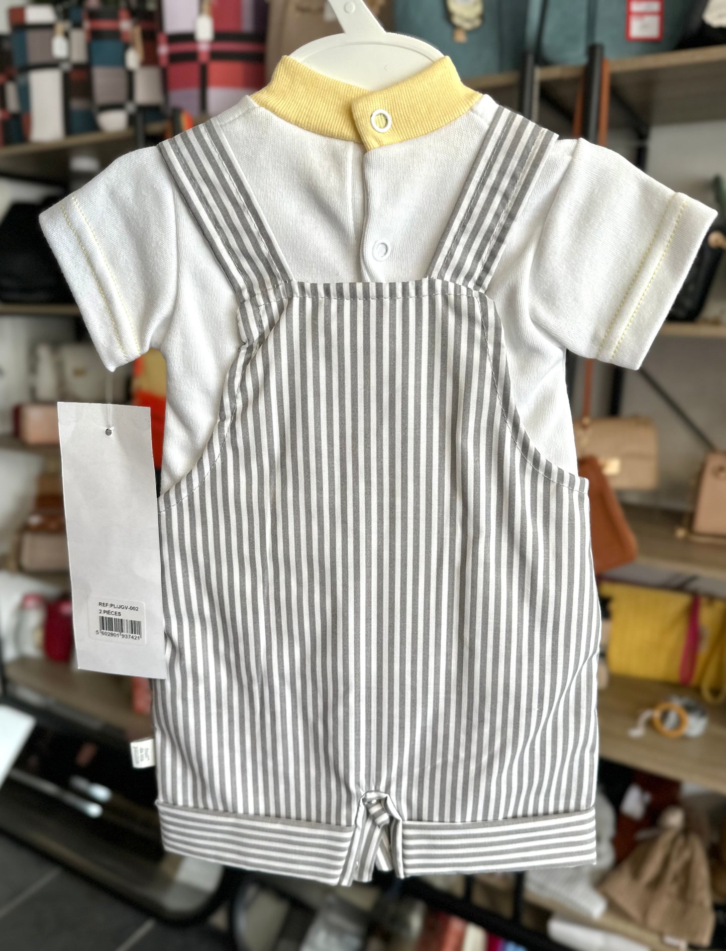 Boys grey striped dungaree two-piece (small fitting)