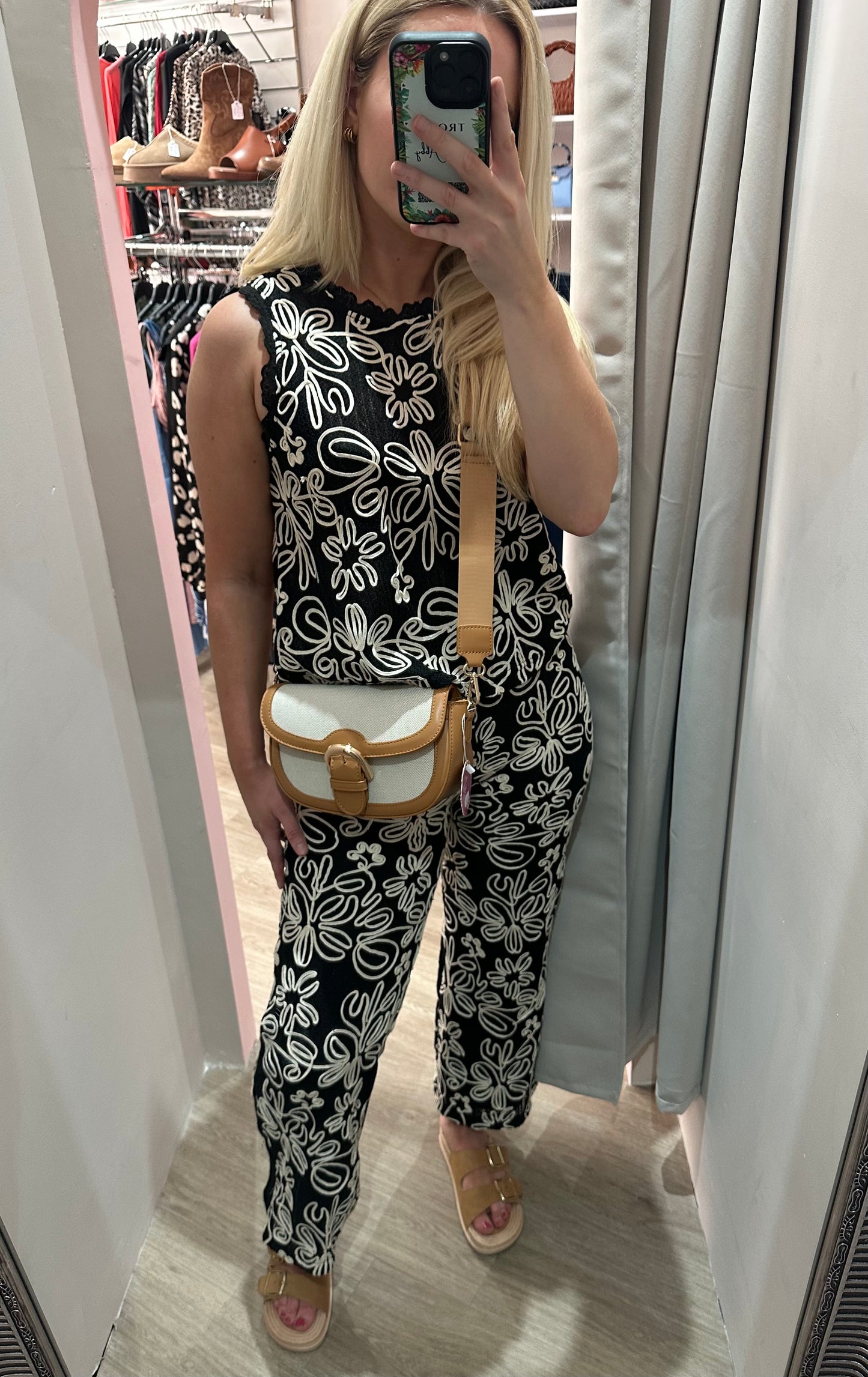Black floral embroidered high waist trousers & lace detail top set