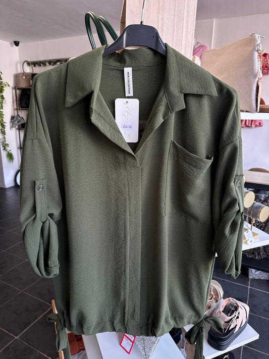 Khaki rolled sleeve blouse with ties at each side