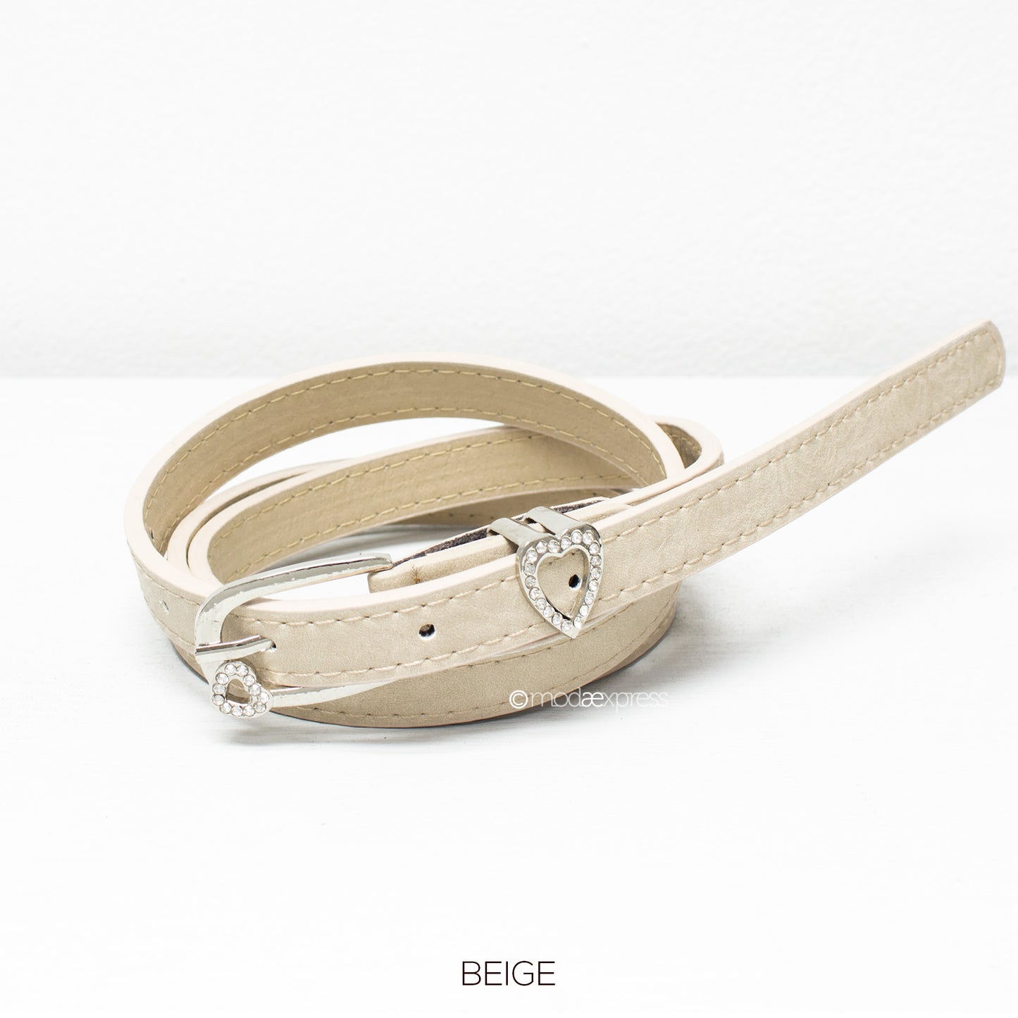 Beige thin belt with silver diamanté heart detail