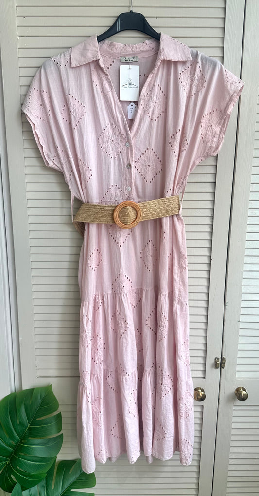 Pale pink broderie anglaise midi dress with woven belt