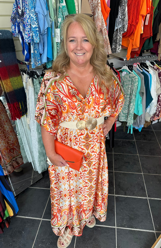 Orange v neck printed maxi dress