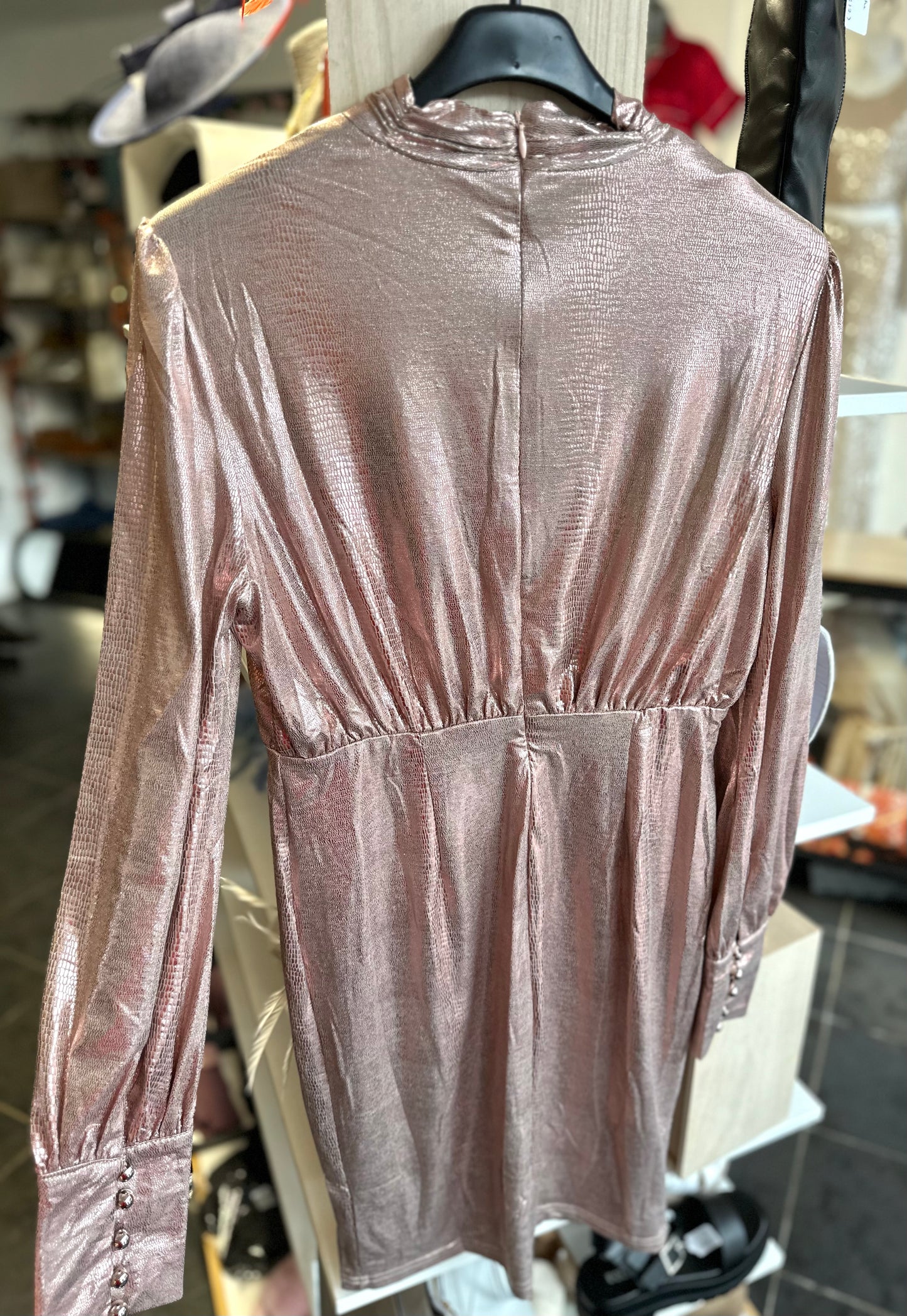 Pink metallic button cuff detail dress