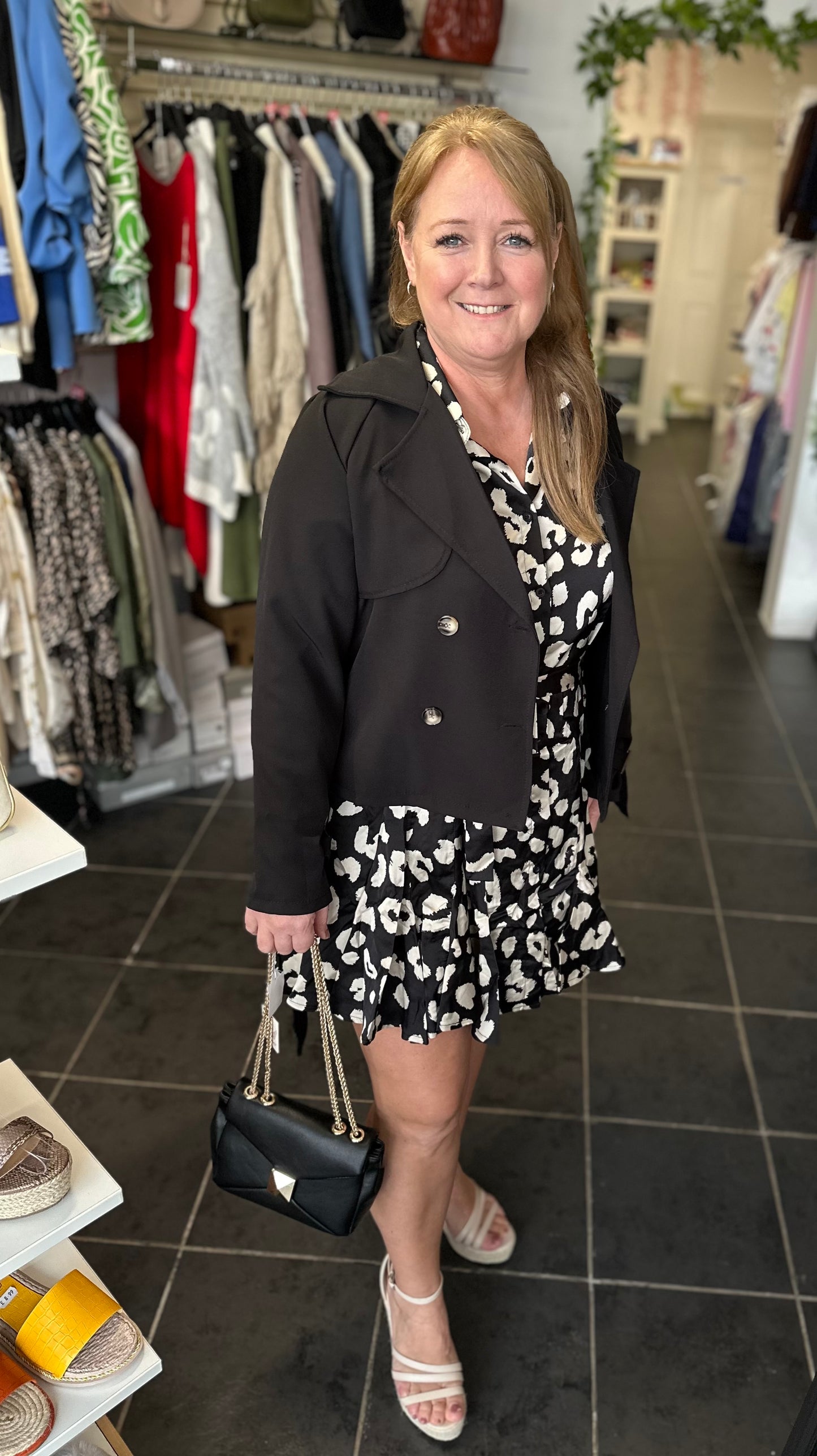 Black long sleeve leopard print belted dress