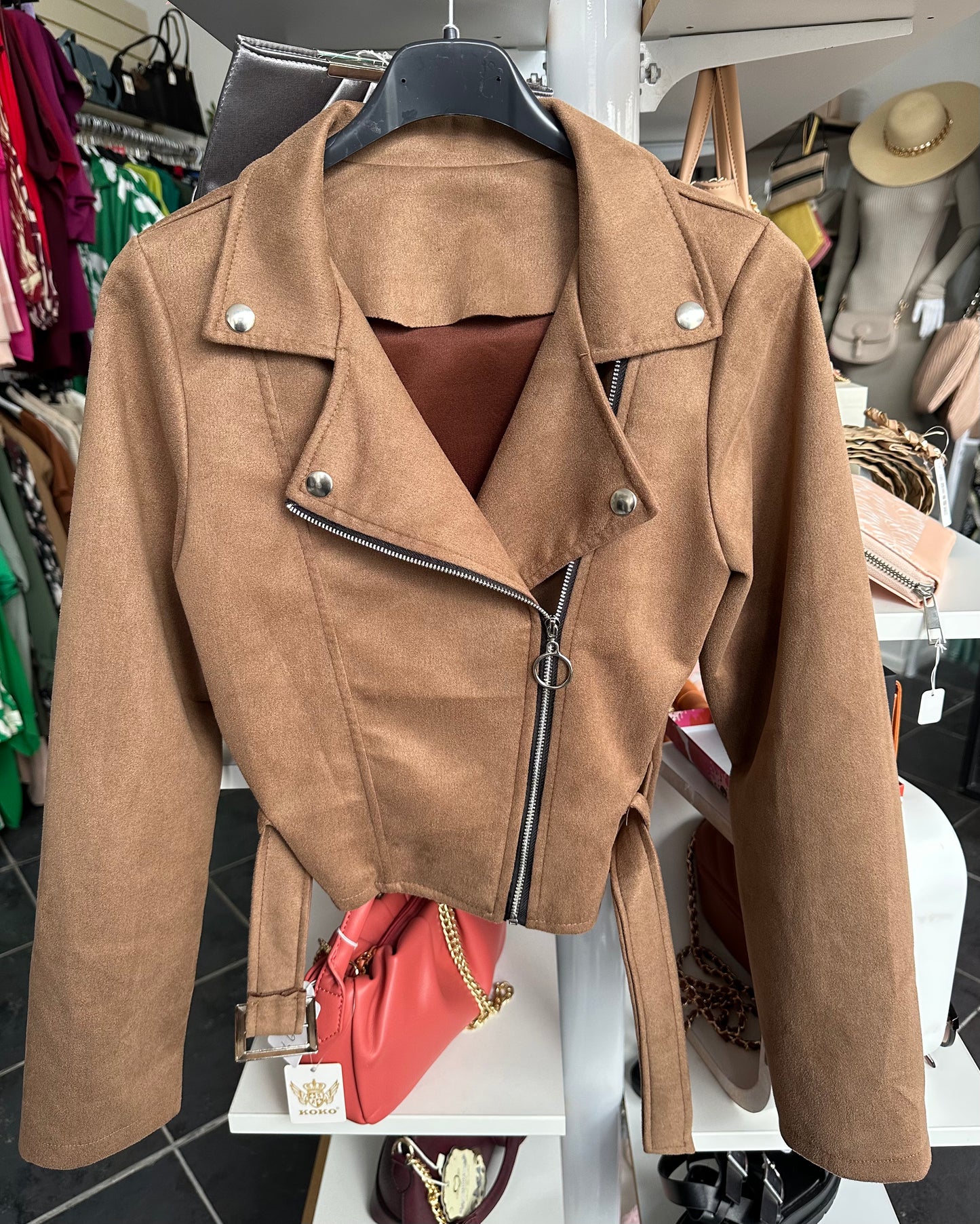 Light brown suede cropped biker jacket