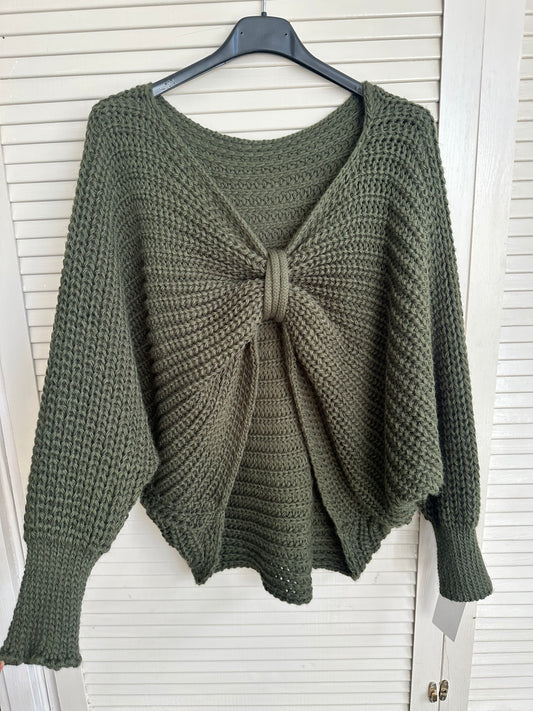 Bow detail reversible knit jumper - Khaki