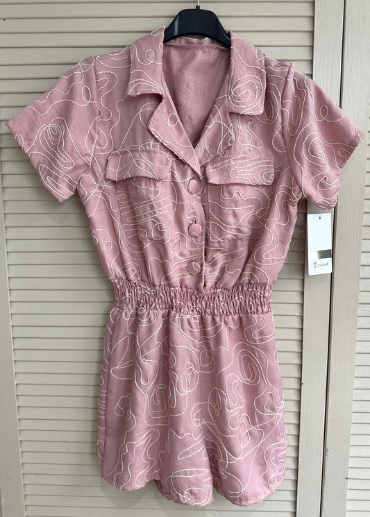 Abstract embroidery detail shirred waist playsuit - Light pink