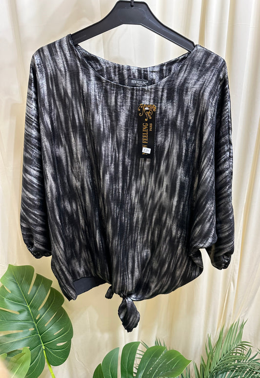 Silver printed tie front blouse