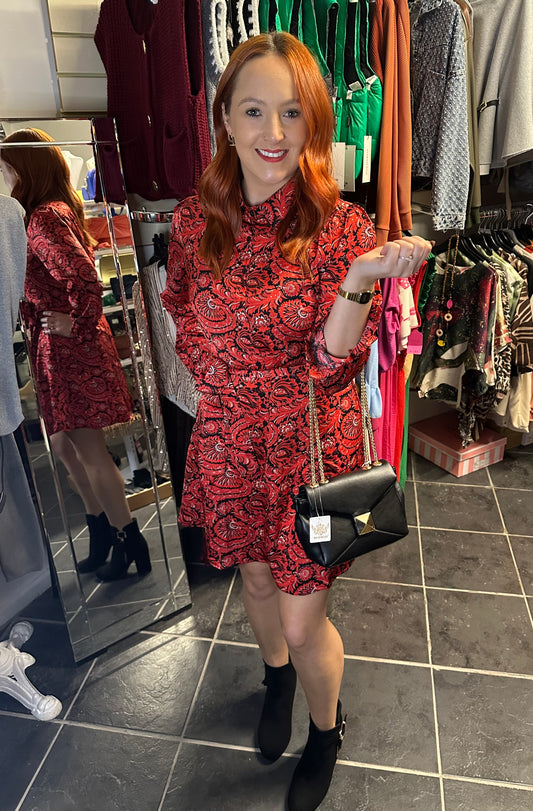 Red printed long sleeve belted shirt dress