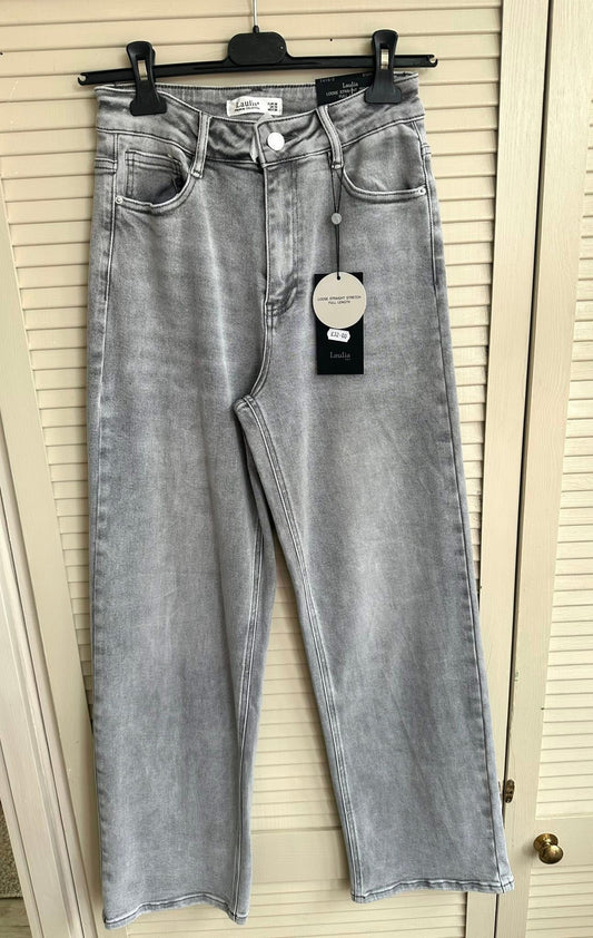 Light grey high waist straight leg stretchy jeans