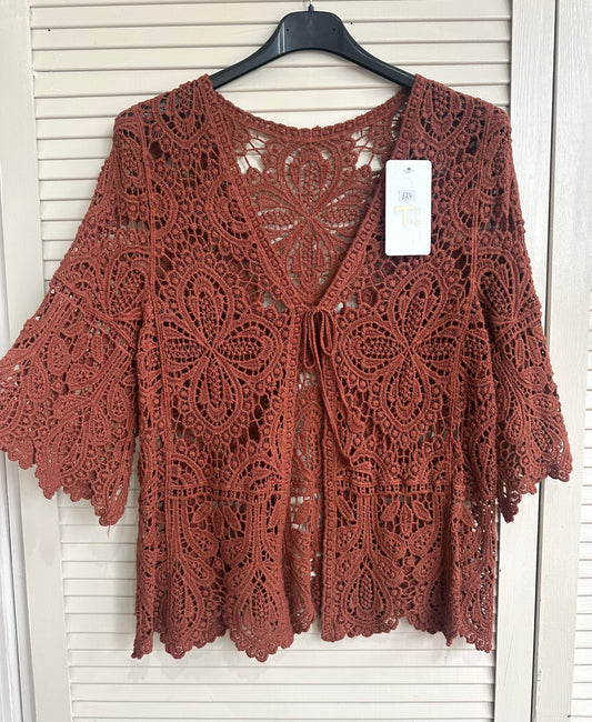 Boho floral crochet tie front cardigan - Rust
