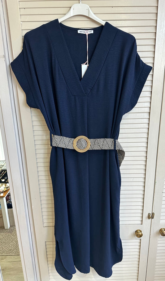 V neck curved hem midi dress with elasticated belt - Navy