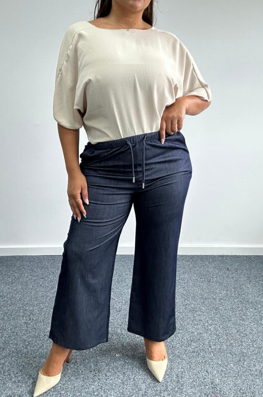 Curve blue denim wide leg drawstring trousers with pockets