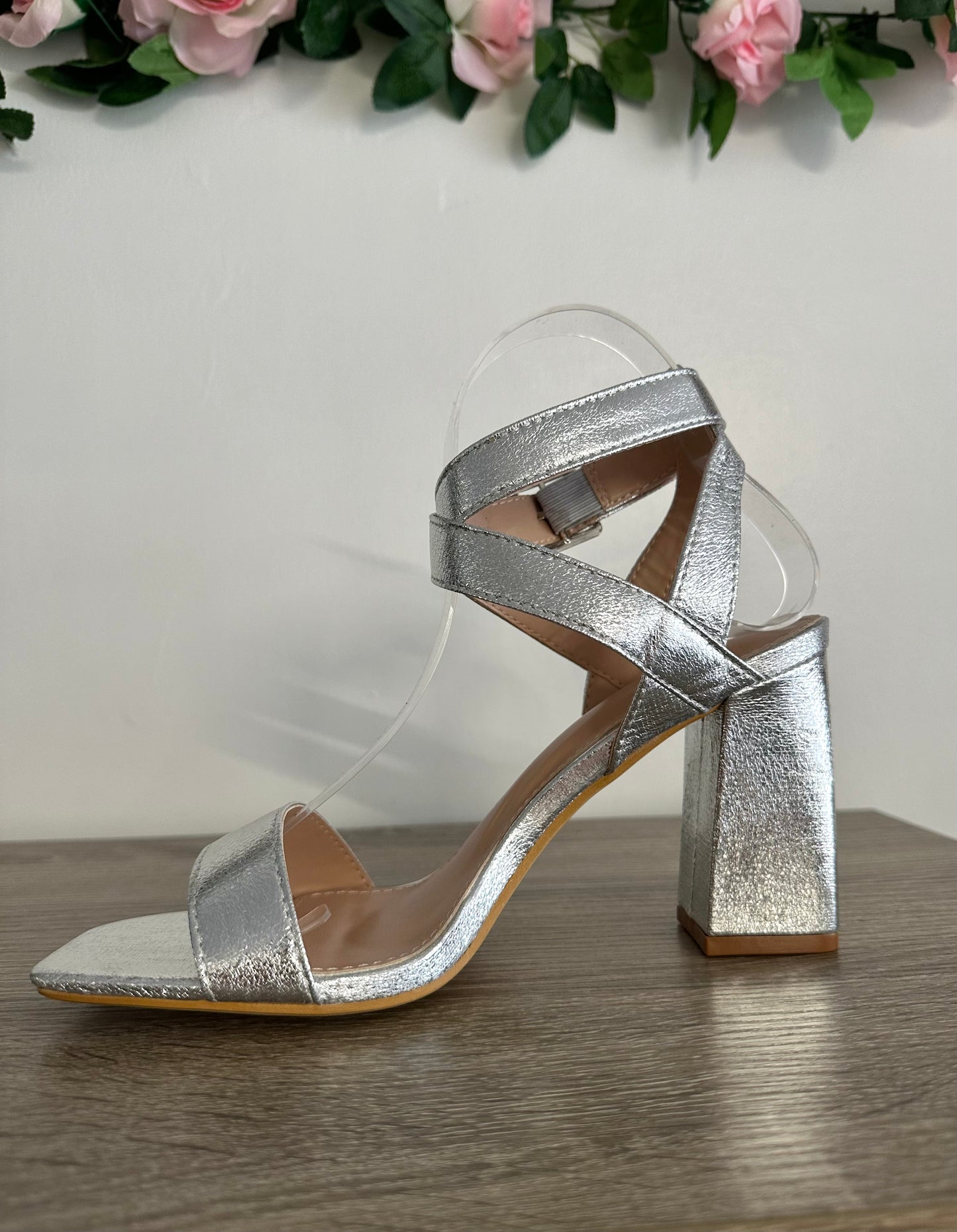 Silver metallic strappy block heels