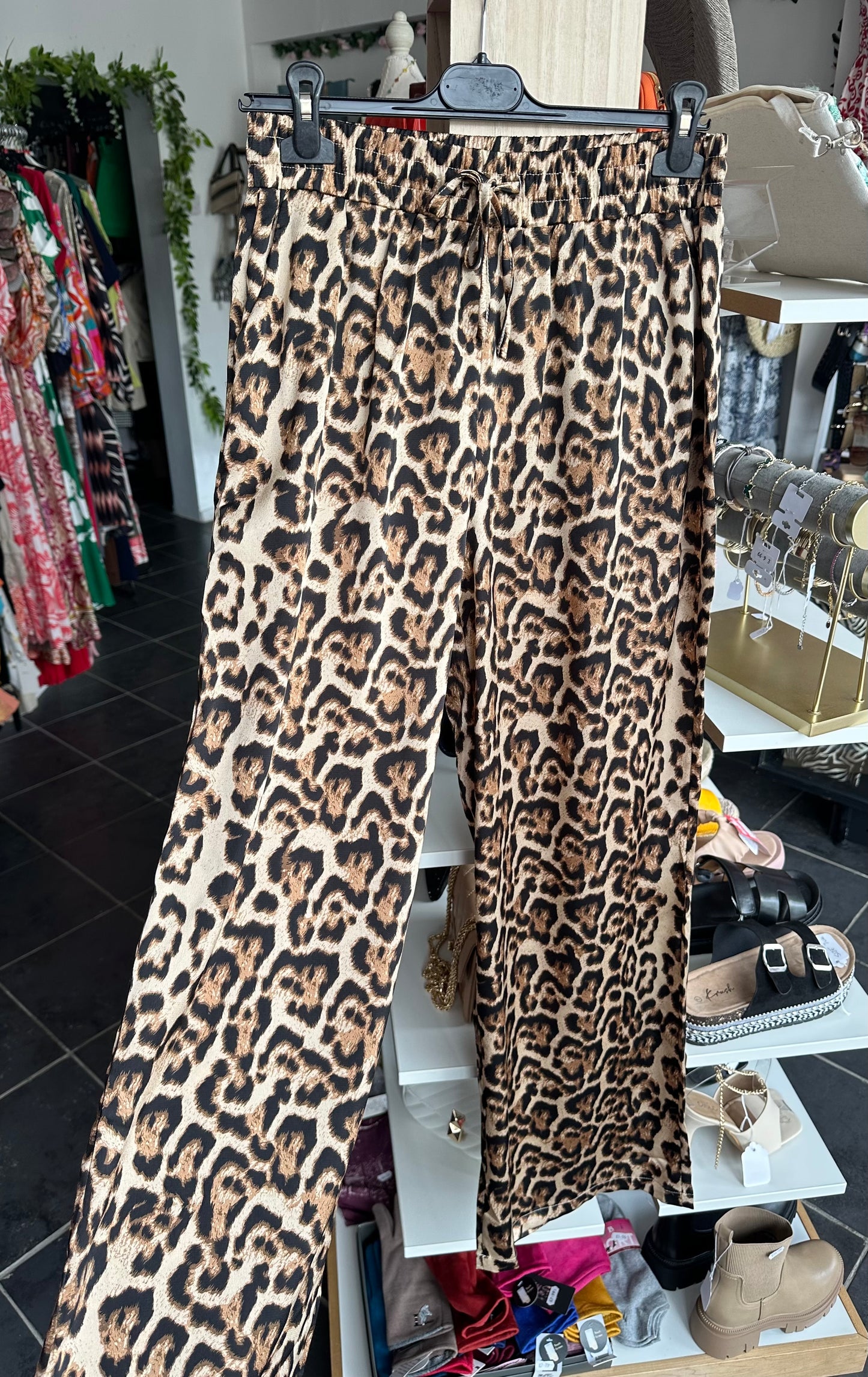 Leopard print drawstring wide leg trousers