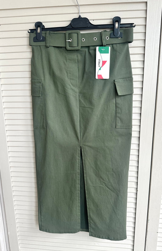 Khaki cargo belted stretch midi skirt