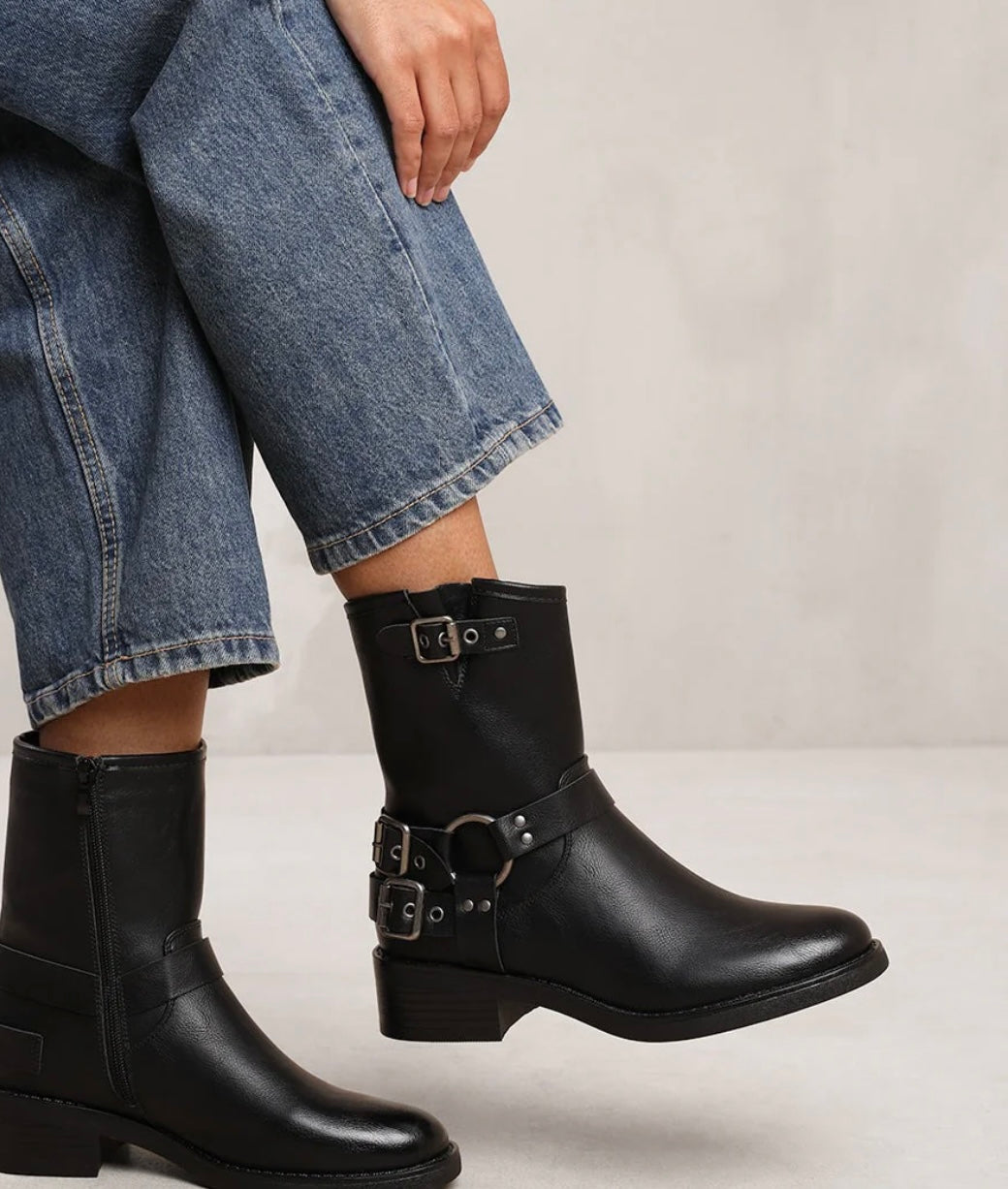Black PU buckle detail heeled biker boots