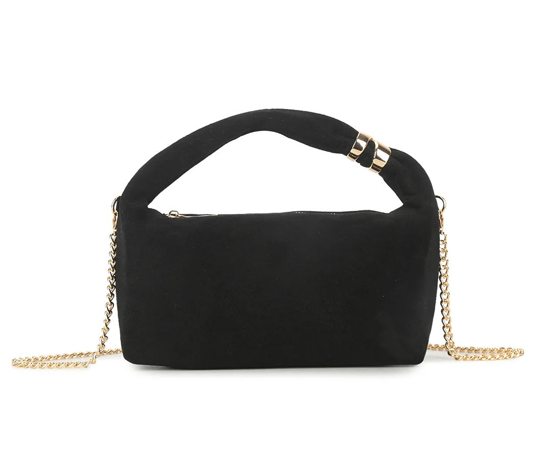 Suede top-handle bag with gold chain strap - Black