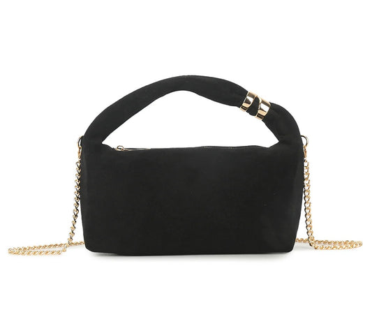 Suede top-handle bag with gold chain strap - Black