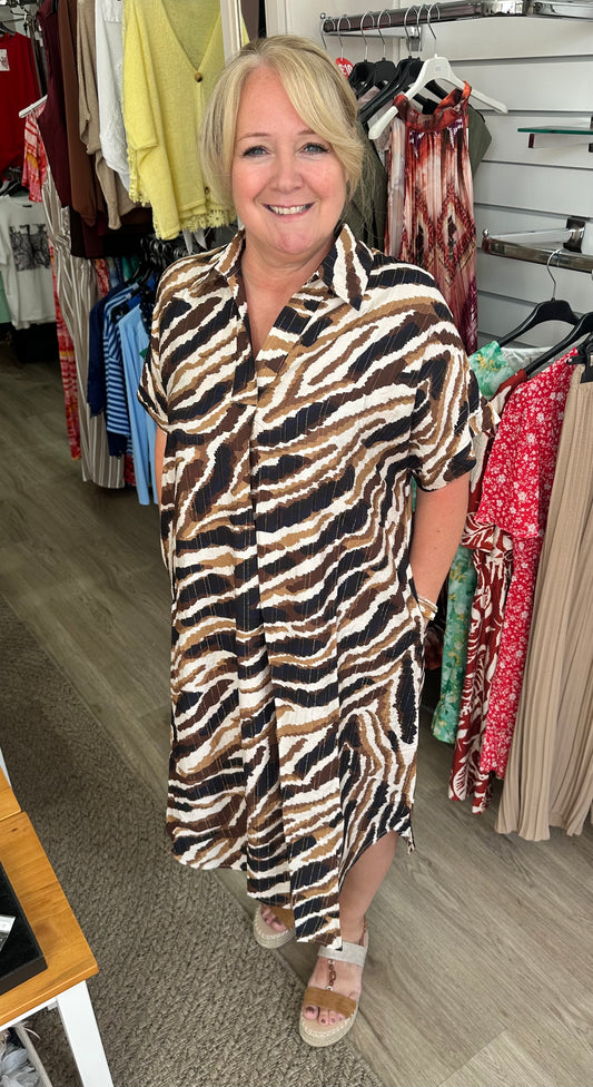 Zebra print shirt style midi dress with pockets (belt not included)