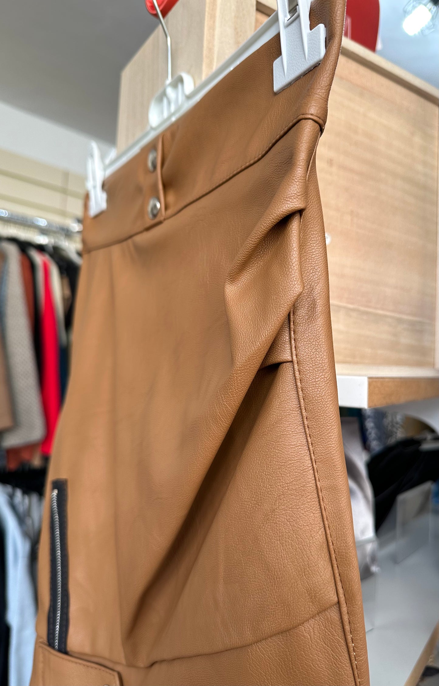 Camel faux leather zip detail skirt