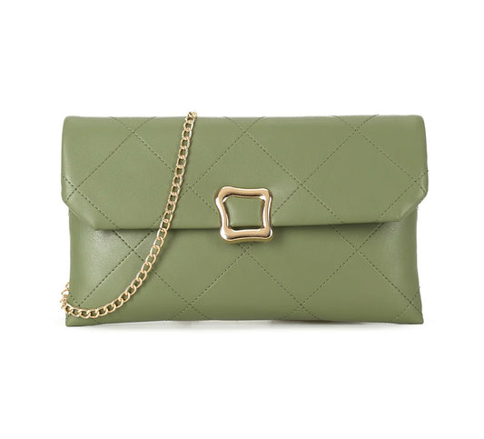 Quilted Envelope Clutch Bag with Gold Chain Strap – Olive