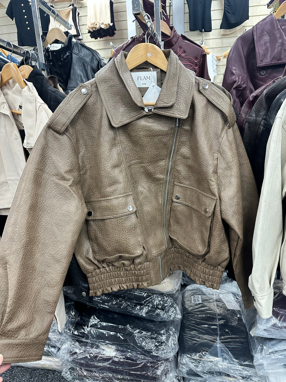 Taupe Faux Leather Oversized Bomber Jacket