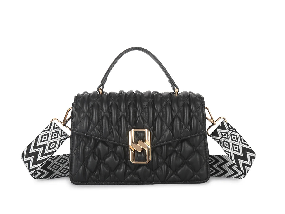 Quilted top handle bag with patterned shoulder strap - Black