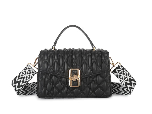 Quilted top handle bag with patterned shoulder strap - Black