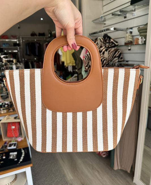 Two tone striped top handle bag with zip closure - Camel