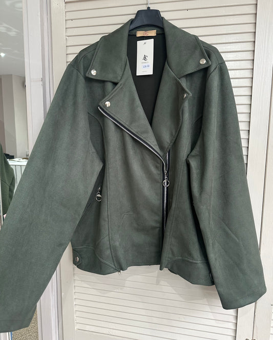 Khaki green faux suede biker jacket - Curve
