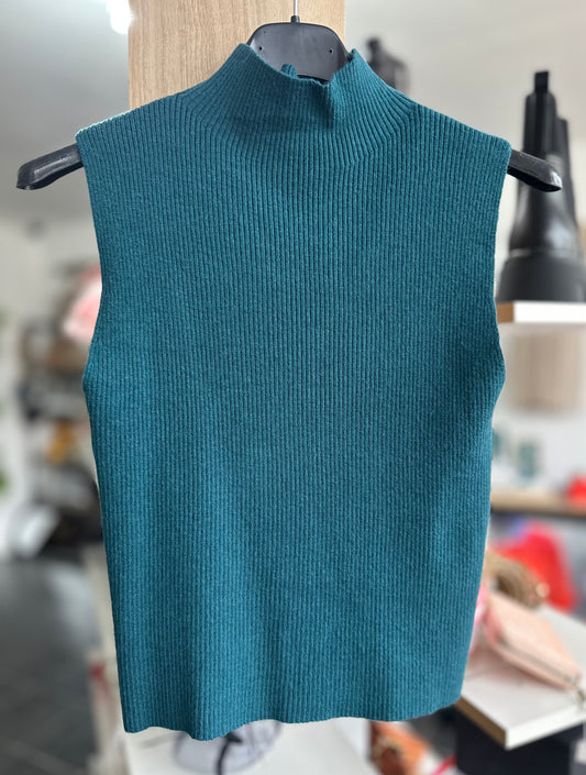 Teal ribbed funnel neck sleeveless top