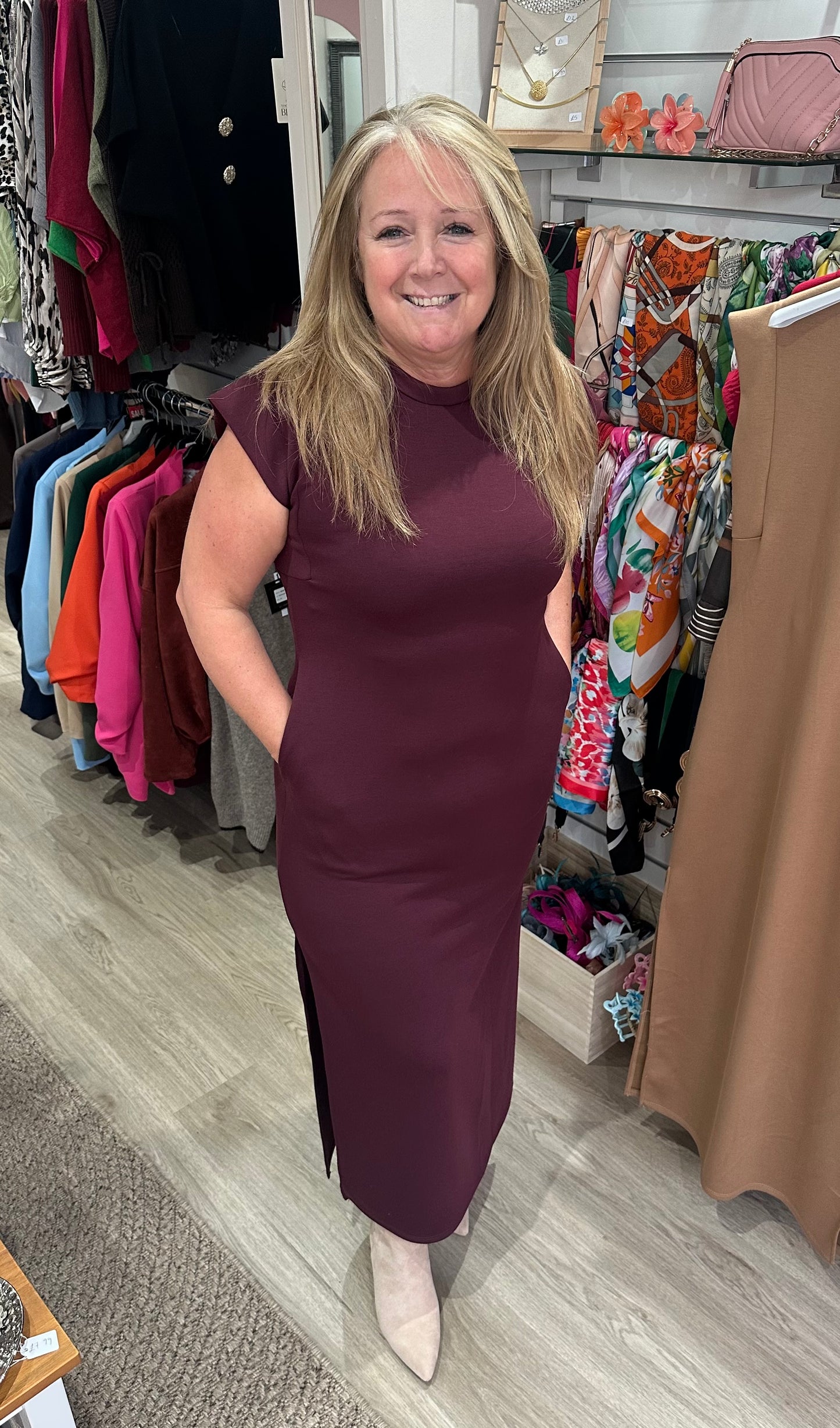 Split hem midi dress with pockets - Dark burgundy