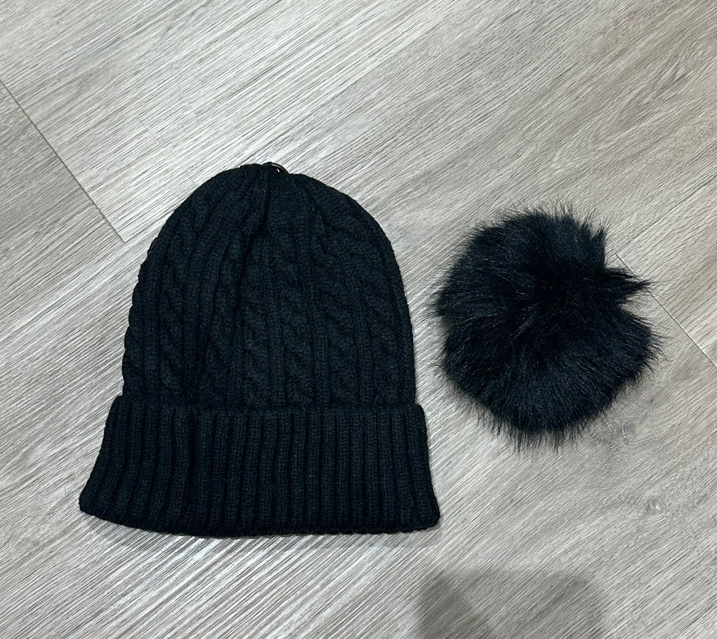 Black detachable faux fur Pom Pom hat