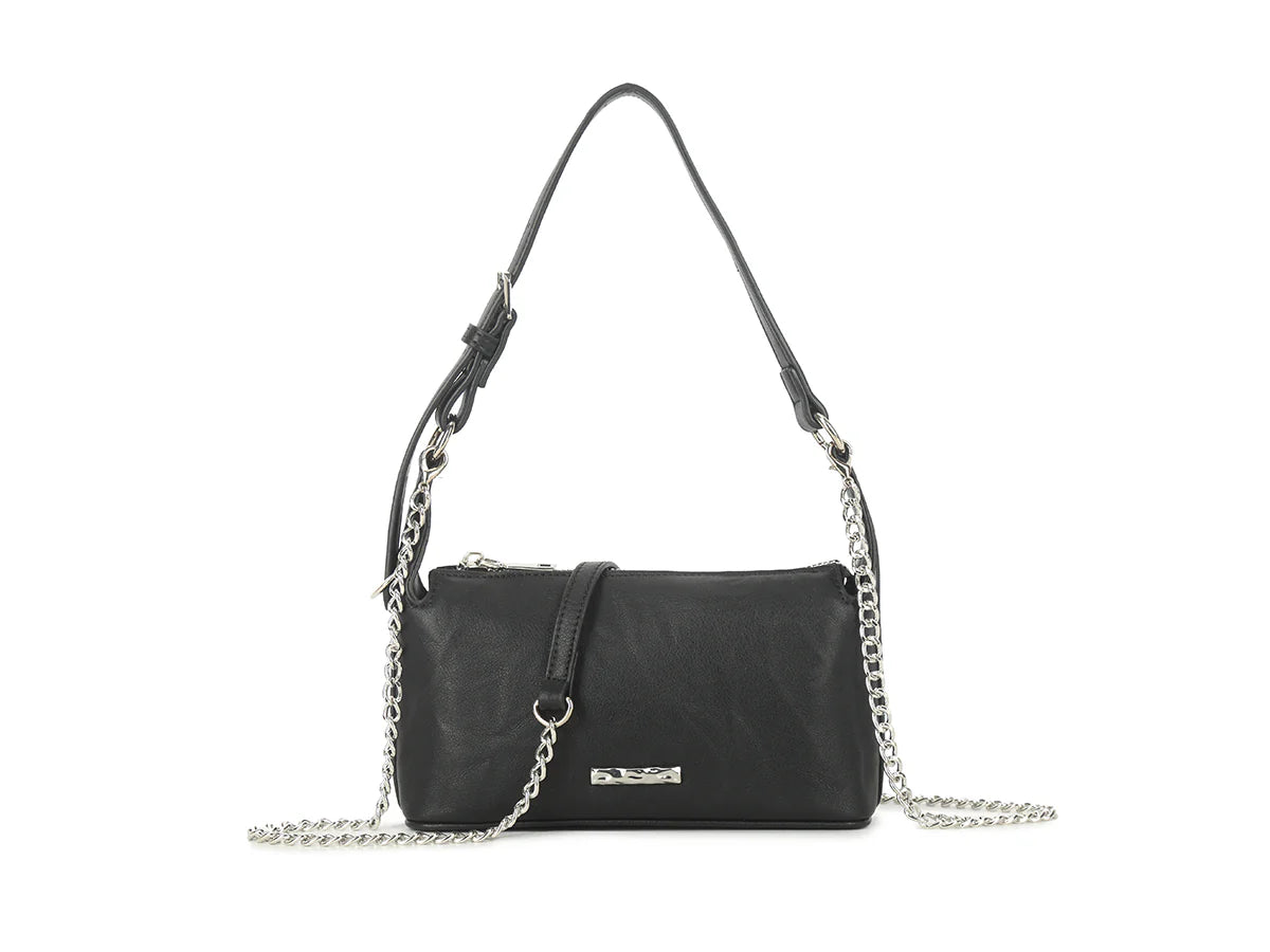 Black crossbody shoulder bag with silver chain strap