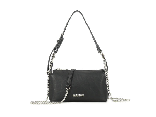 Black crossbody shoulder bag with silver chain strap