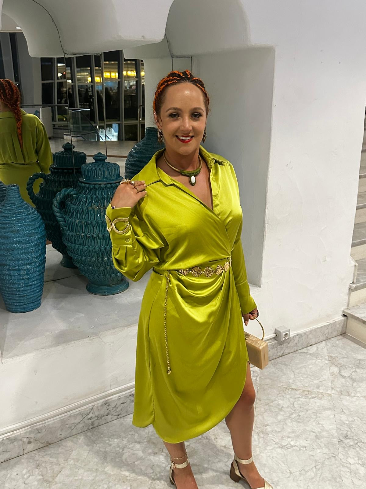 Lime green satin wrap dress