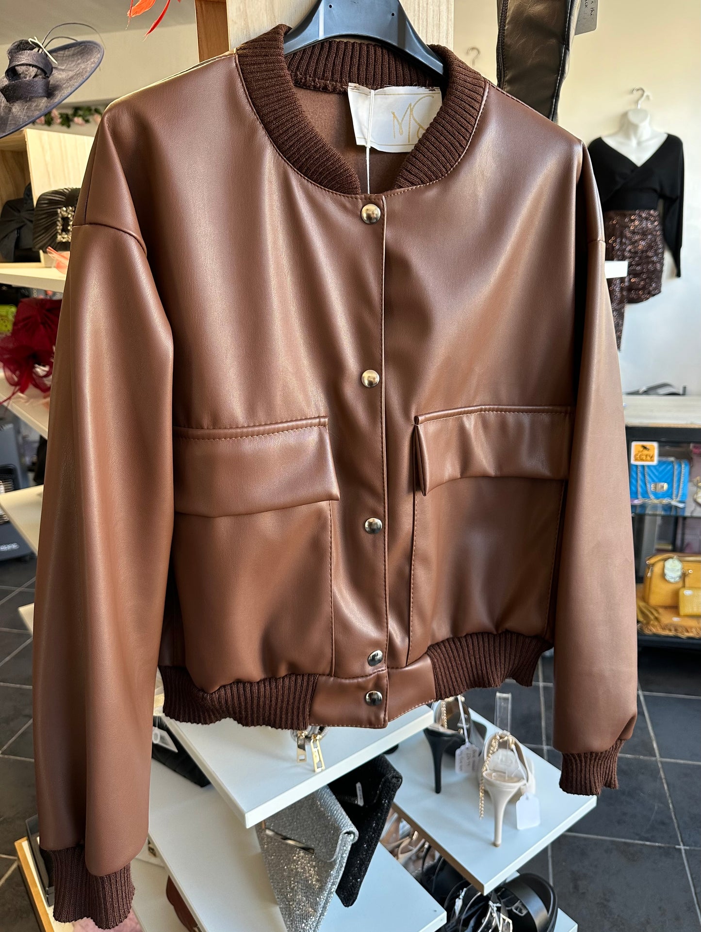 Brown faux leather short length bomber jacket