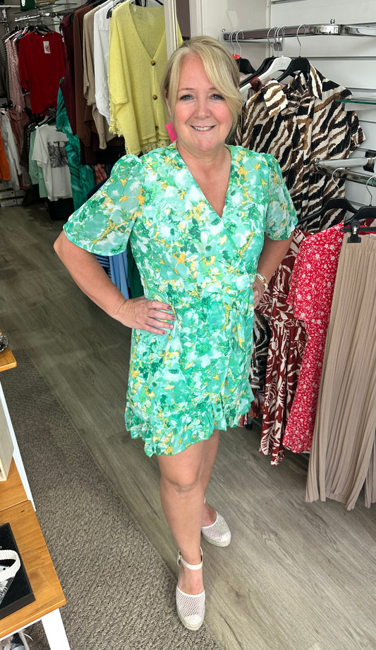 Green floral frill detail mini dress