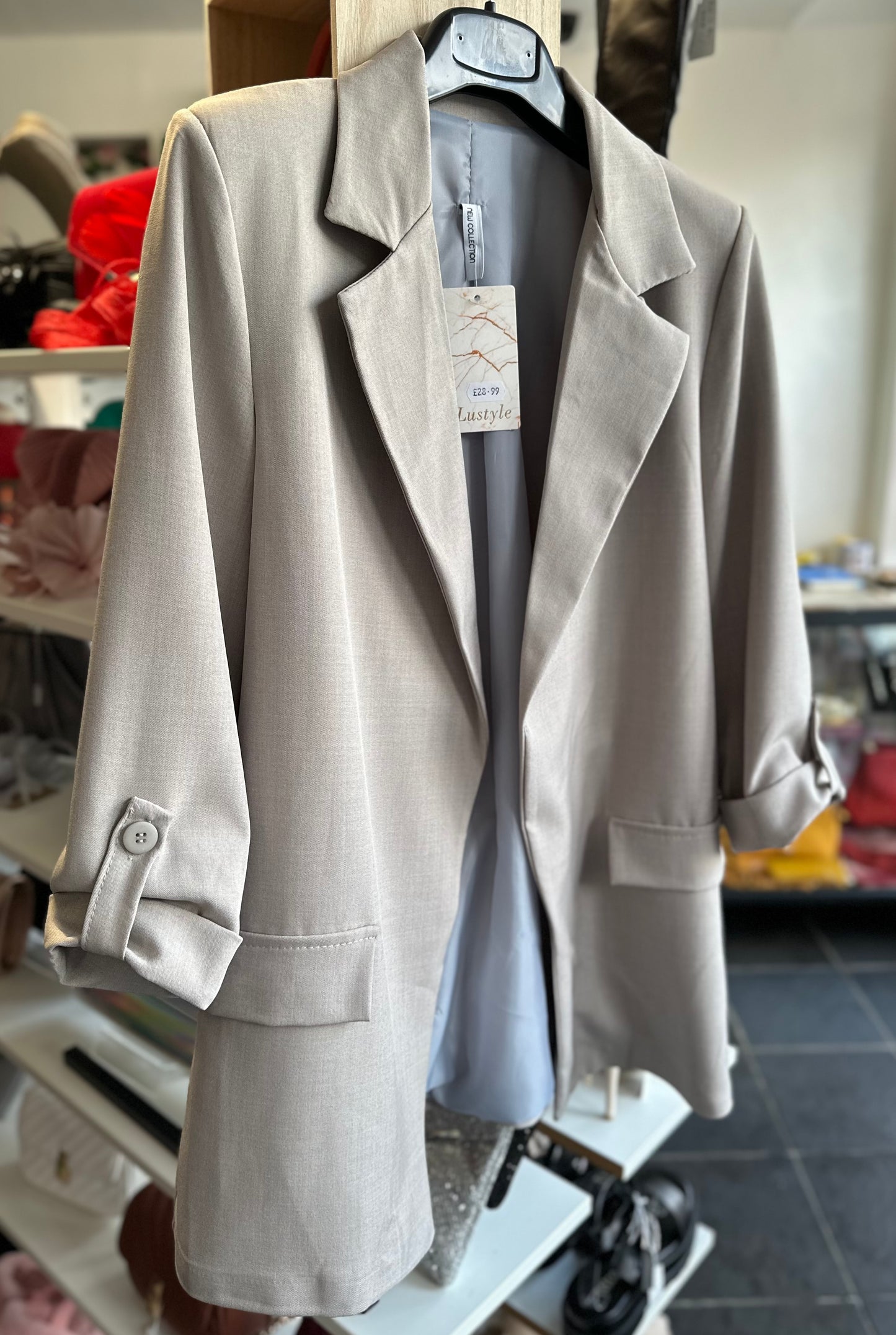 Grey rolled sleeve open blazer