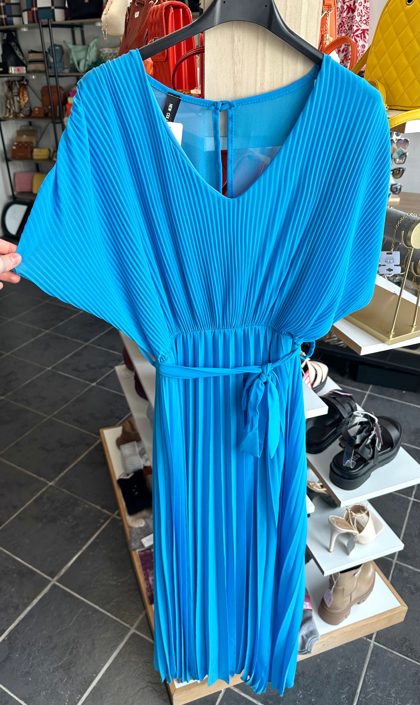 Blue pleated tie waist maxi dress